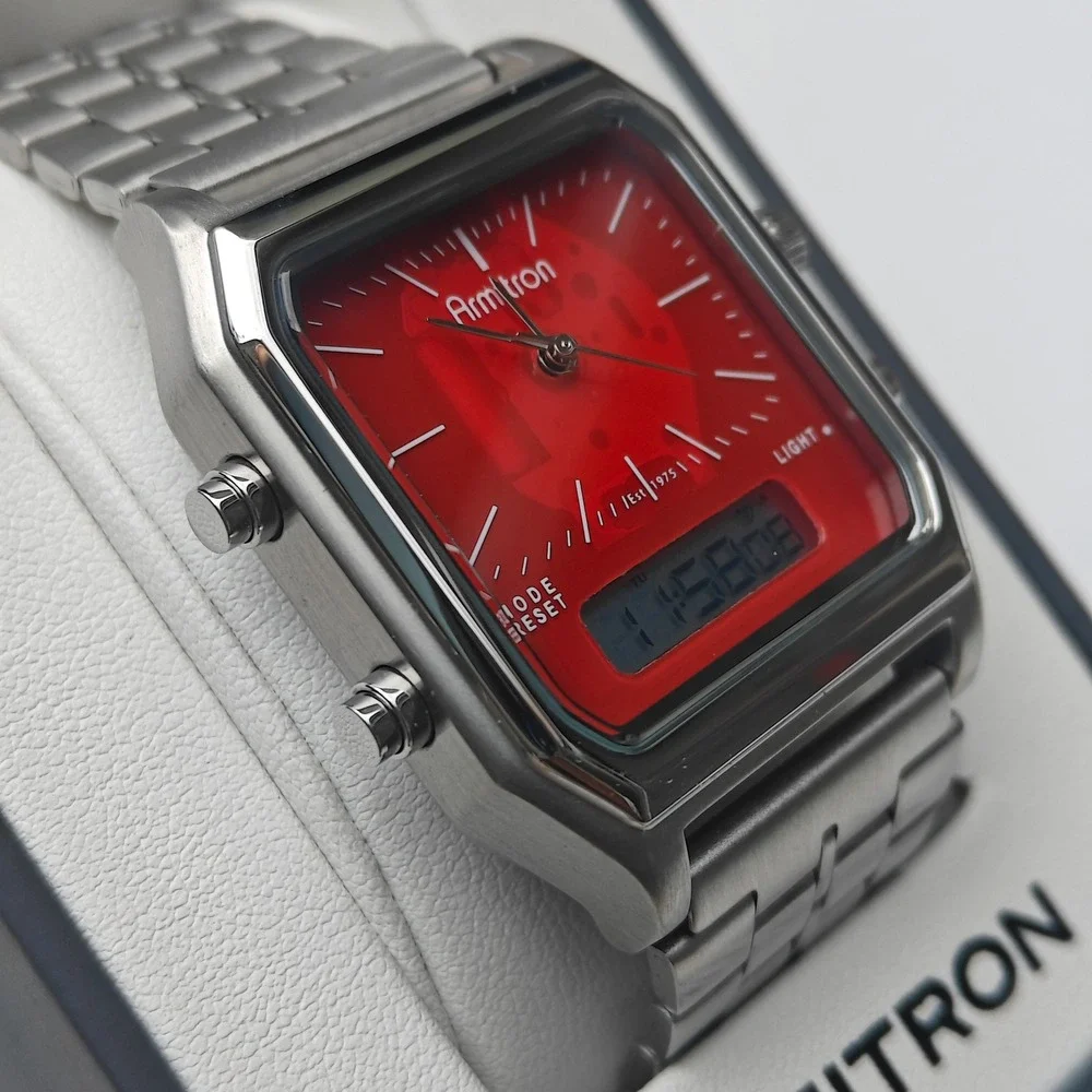 Armitron Silver Red Analog Digital Mens Retro Wrist Watch Square Stainless Steel